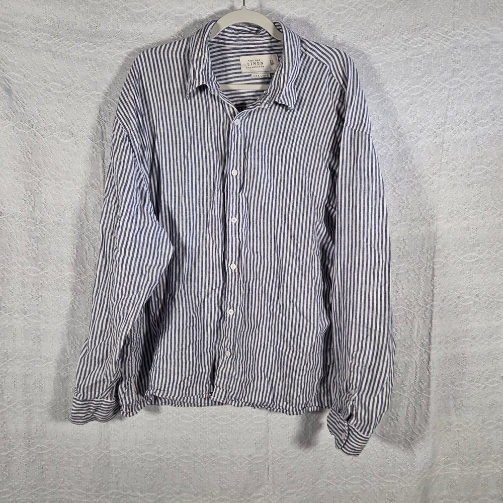 Abercrombie & Fitch Mens XL Blue White Striped 100% Linen Button Up Shirt 286